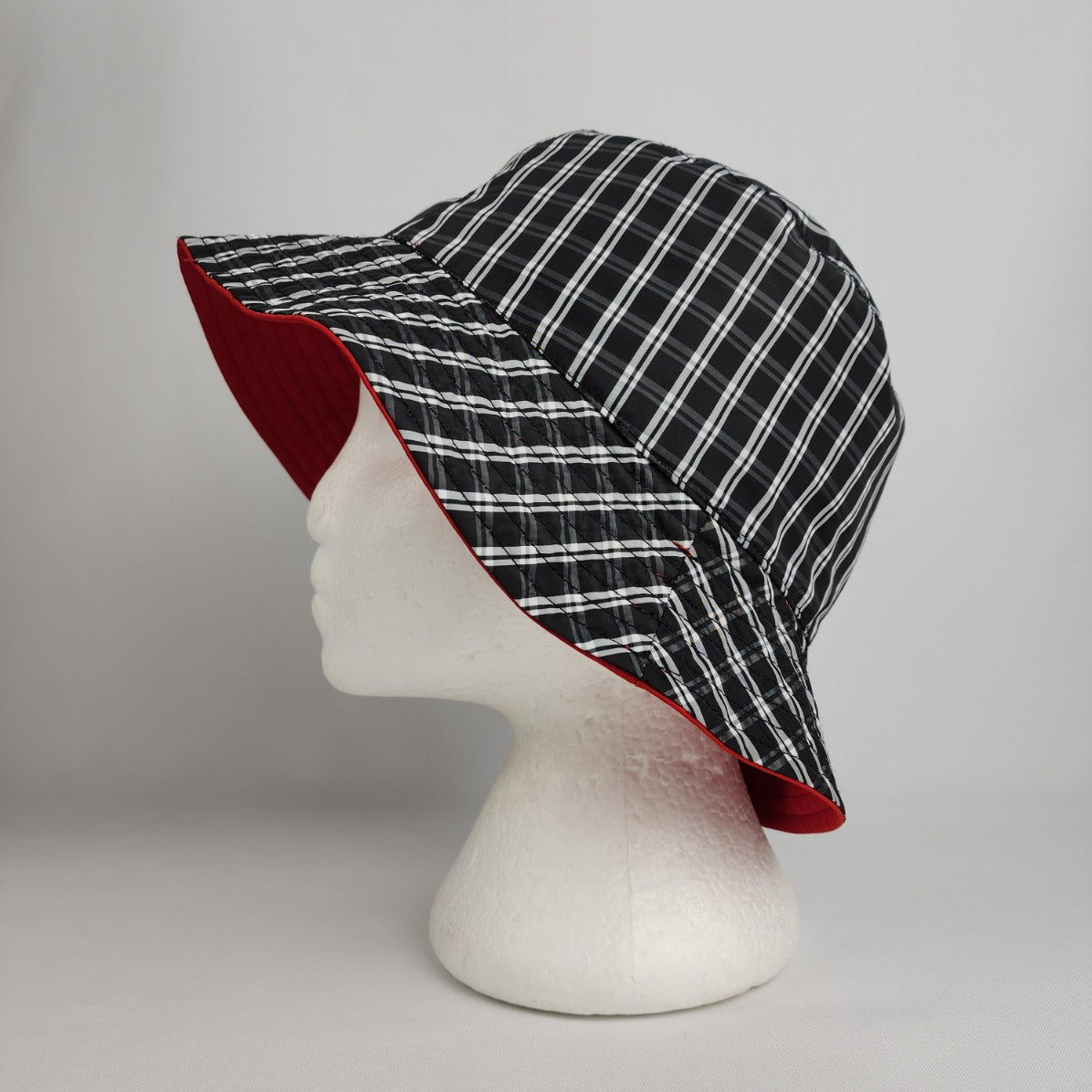 Red & Black Plaid Reversible Hat With Pocket