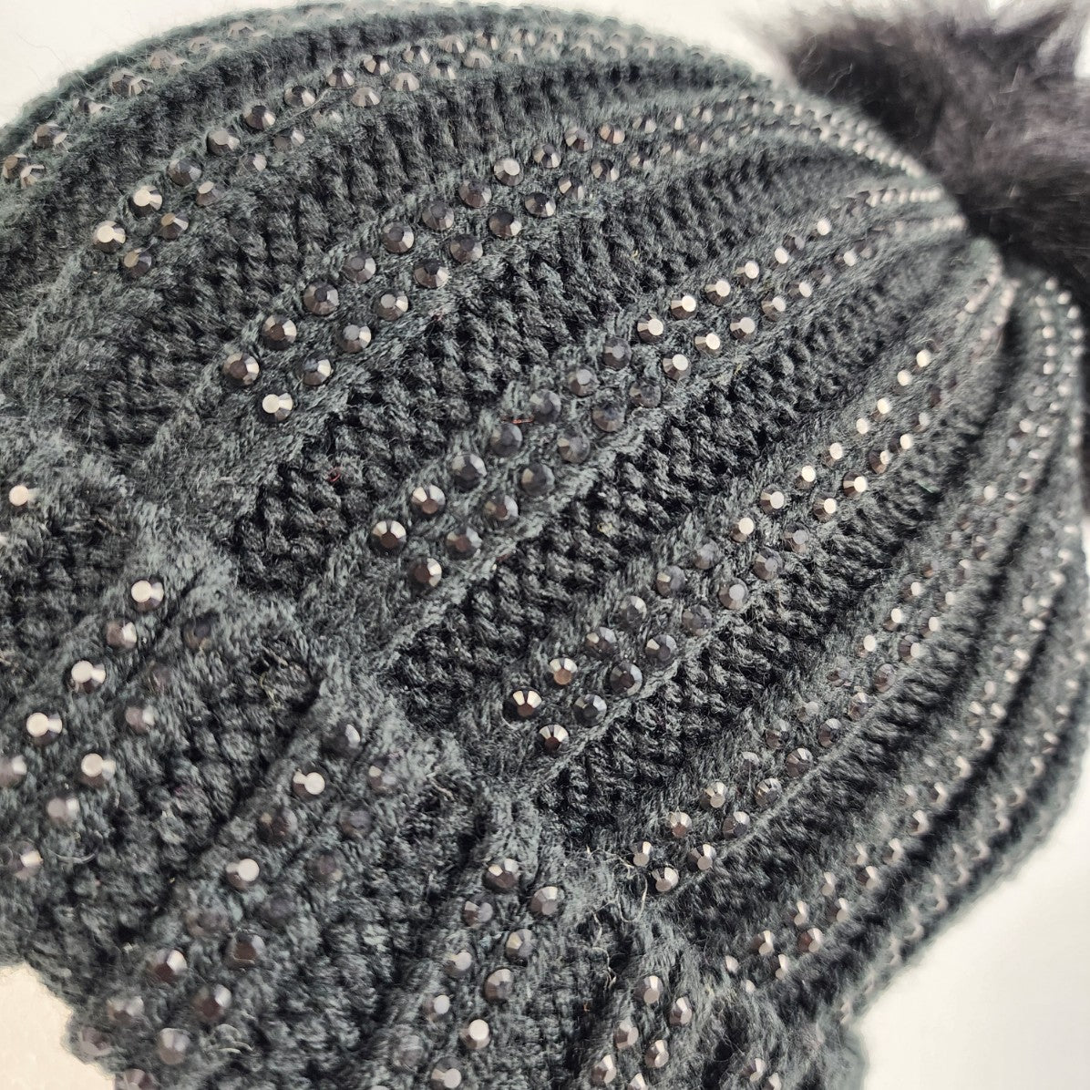 Black Knit Rhinestone Studded Fur Pom Pom Toque