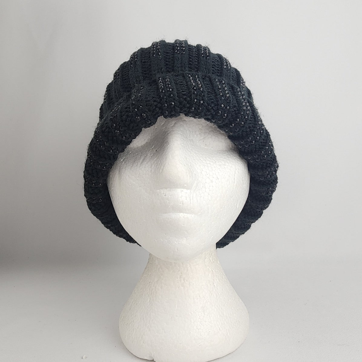 Black Knit Rhinestone Studded Fur Pom Pom Toque