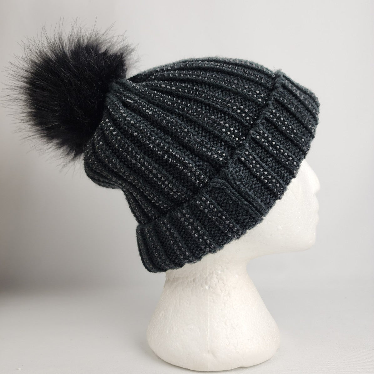 Black Knit Rhinestone Studded Fur Pom Pom Toque