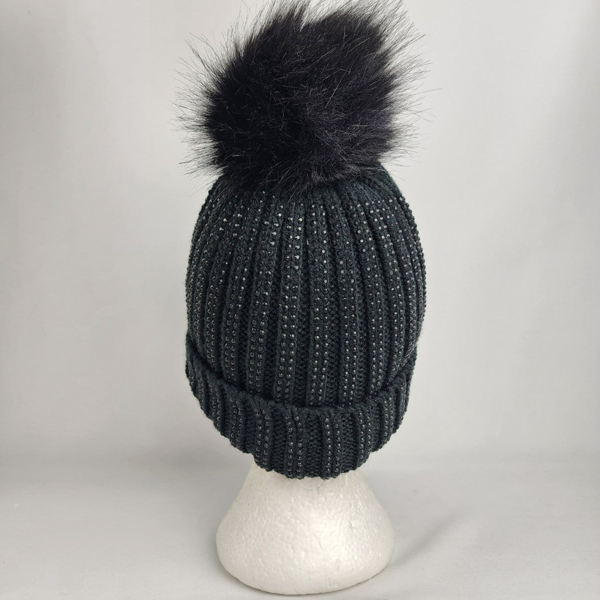 Black Knit Rhinestone Studded Fur Pom Pom Toque