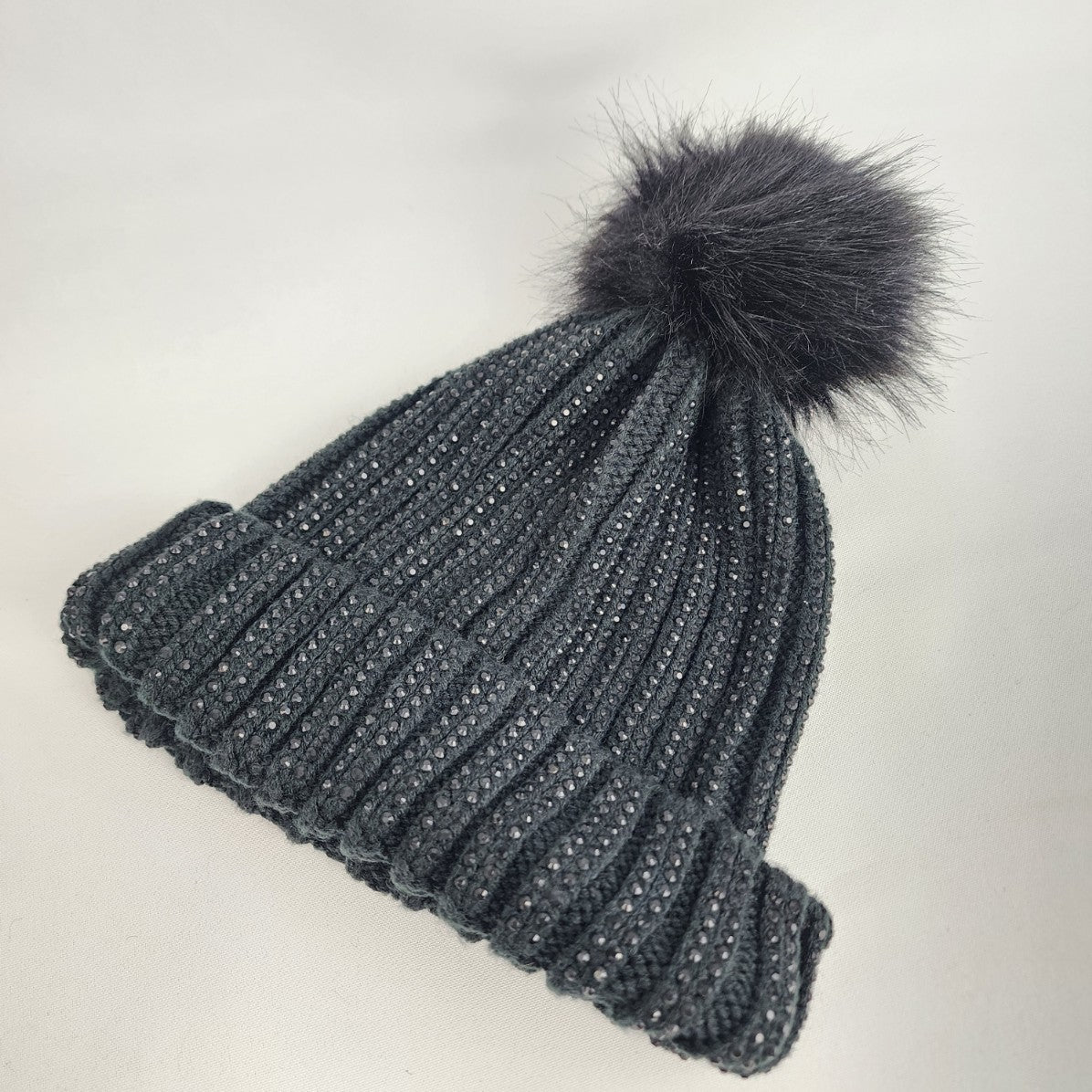 Black Knit Rhinestone Studded Fur Pom Pom Toque