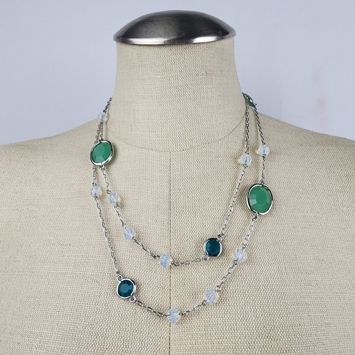 Lia Sophia Green Glass & AB Crystal Bead Chain Long Necklace