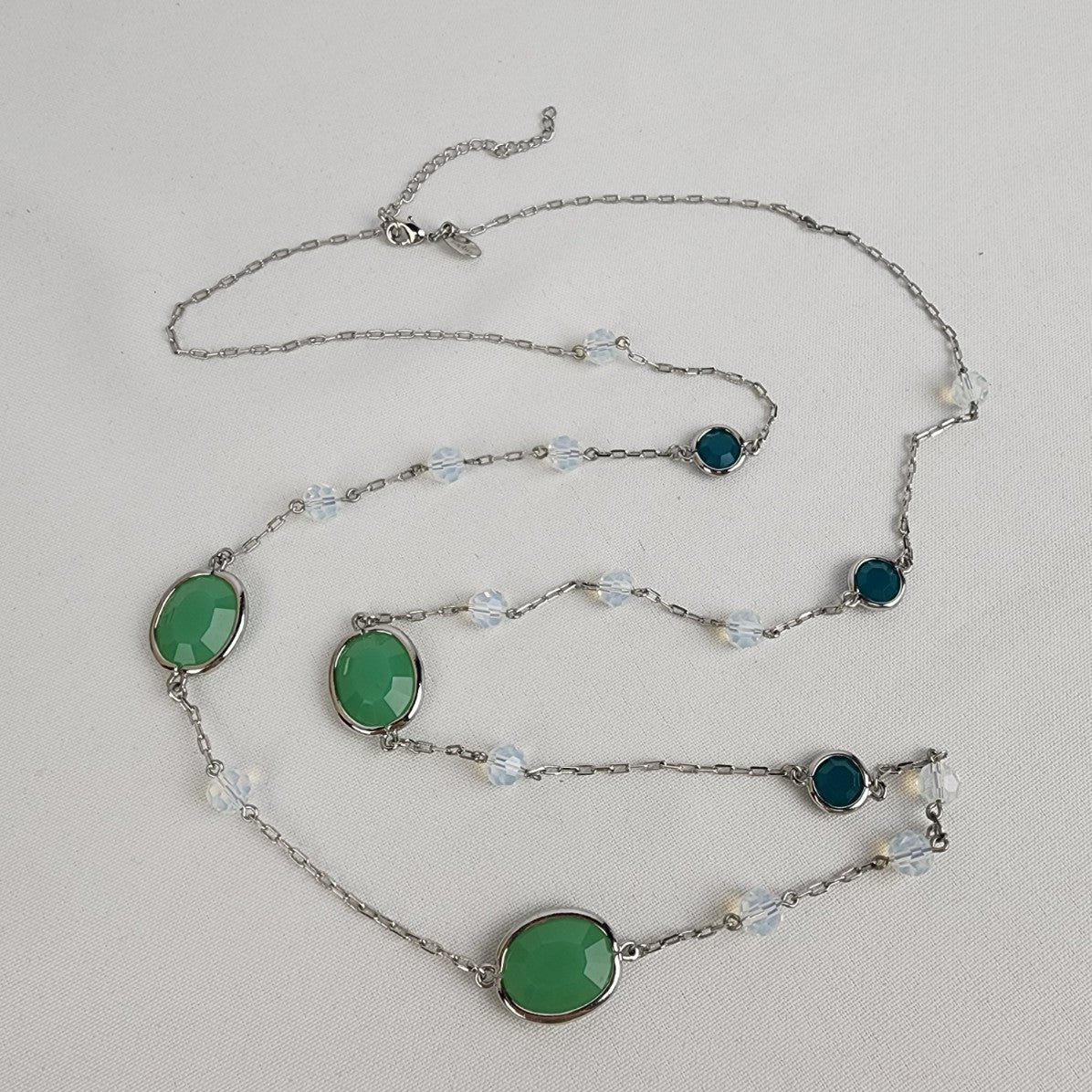 Lia Sophia Green Glass & AB Crystal Bead Chain Long Necklace