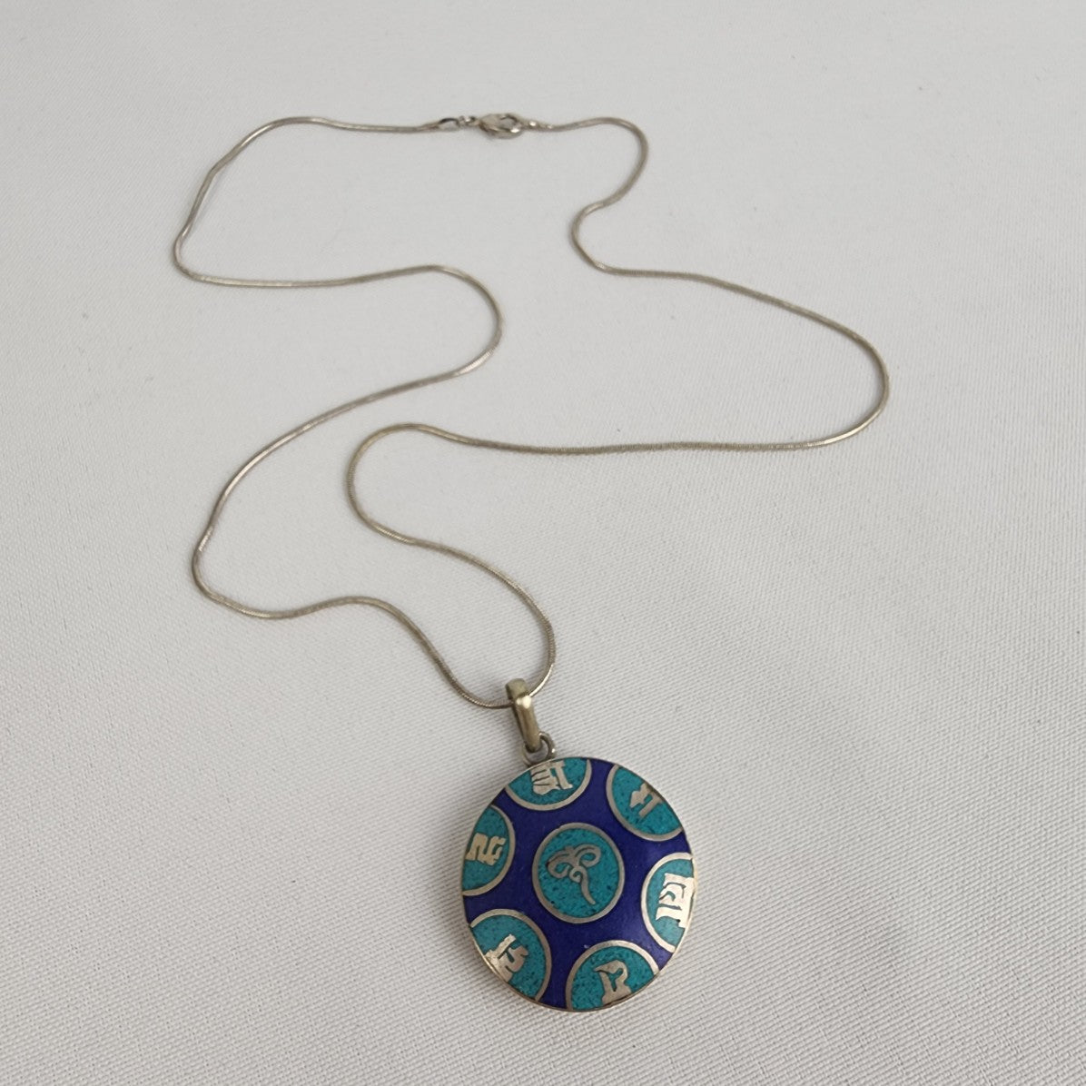 Vintage Tibetan Ancient Mantra Sterling Pendant Chain Necklace