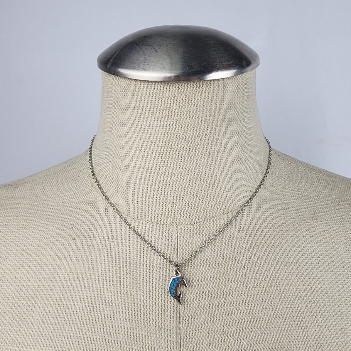 Vintage Silver Tone Blue Dolphin Pendant Chain Necklace