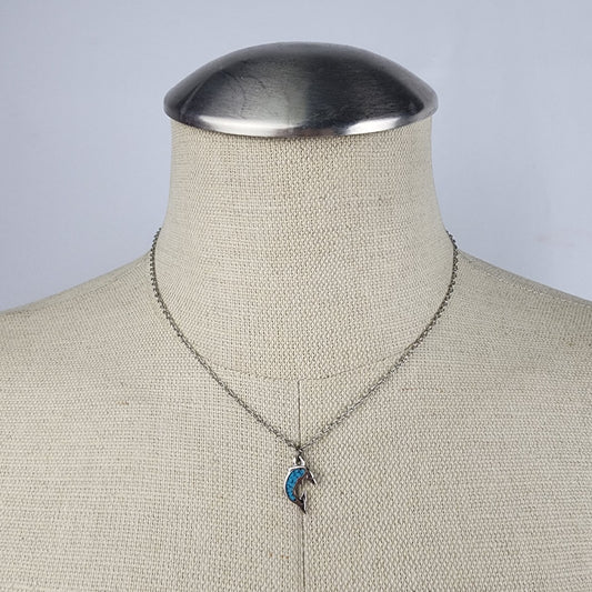Vintage Silver Tone Blue Dolphin Pendant Chain Necklace