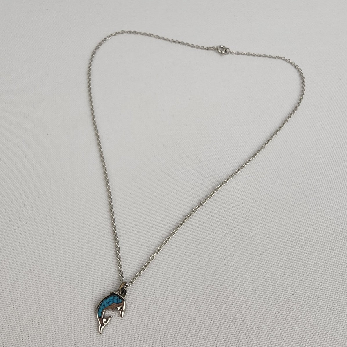 Vintage Silver Tone Blue Dolphin Pendant Chain Necklace