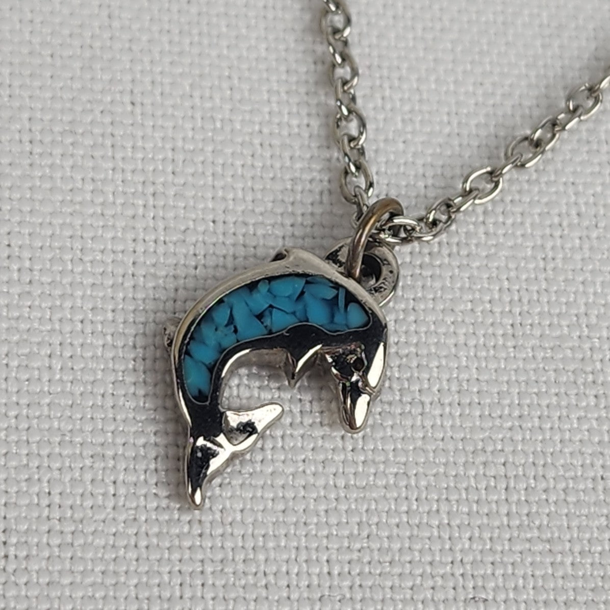 Vintage Silver Tone Blue Dolphin Pendant Chain Necklace