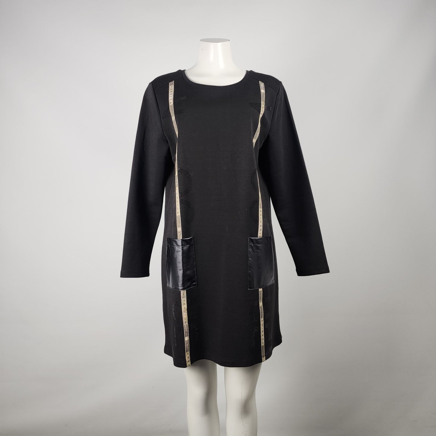 Tricotto Black Cotton Vegan Leather Mini Dress Tunic Top Size L