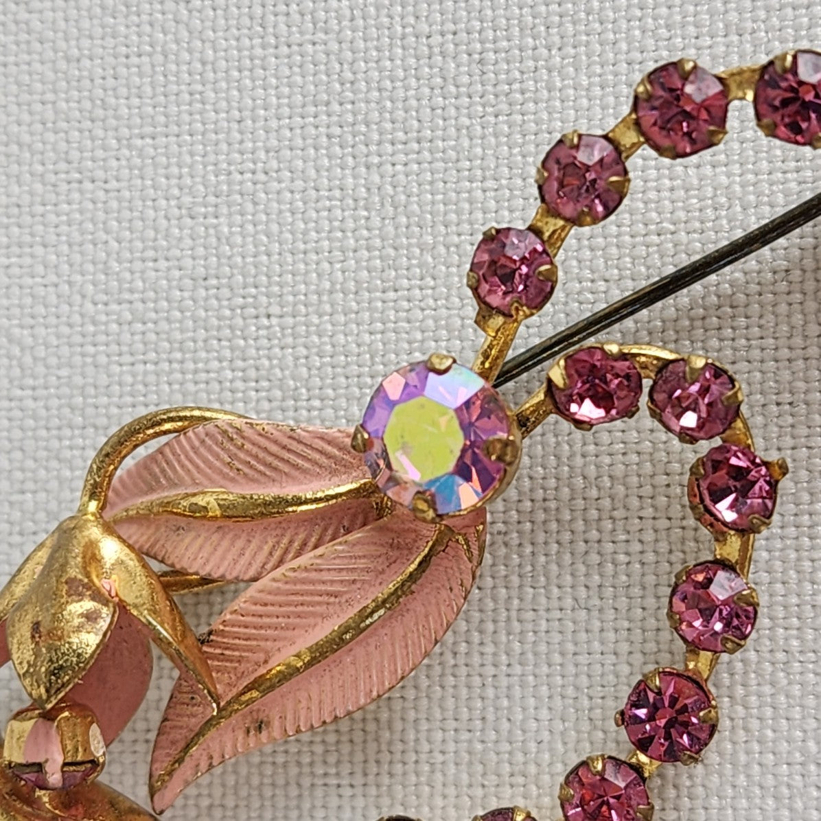 Vintage Gold Tone Pink Rhinestone Flower Brooch