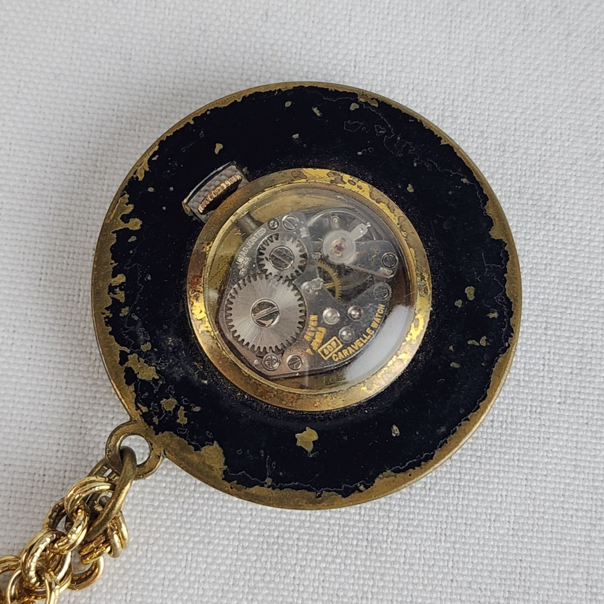 Vintage Caravelle Back & Gold Tone Pendant Watch Necklace 7 jewels