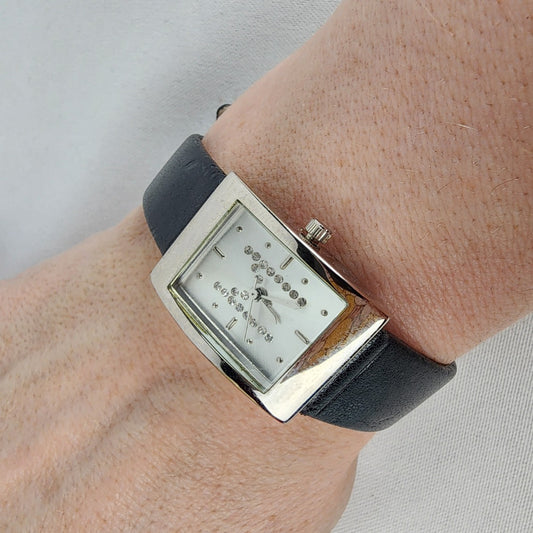 Black Leather Silver Rhinestone M Watch
