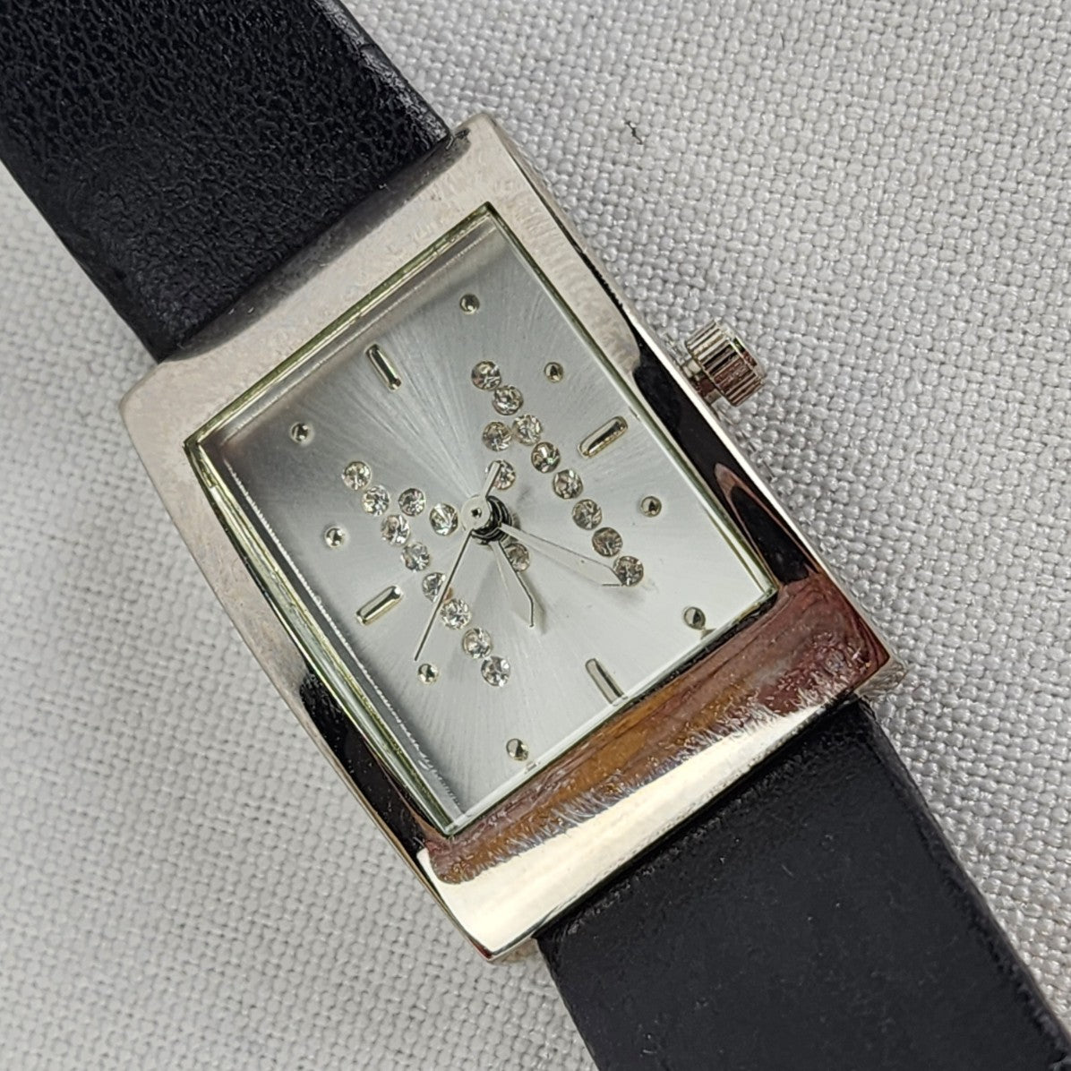 Black Leather Silver Rhinestone M Watch