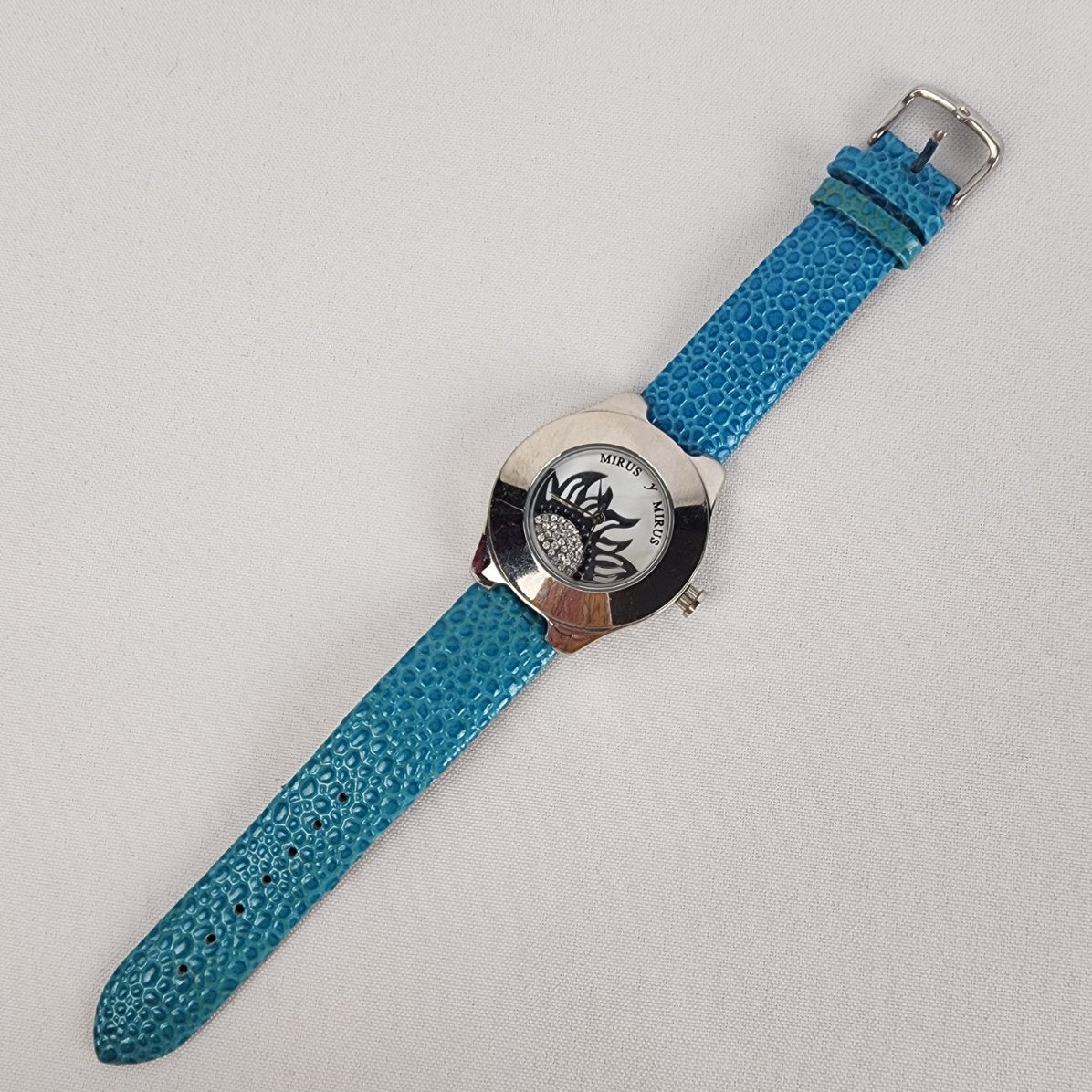 Mirus Blue Leather Band Silver Sunflower Watch