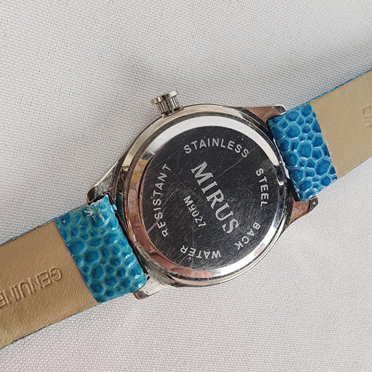 Mirus Blue Leather Band Silver Sunflower Watch