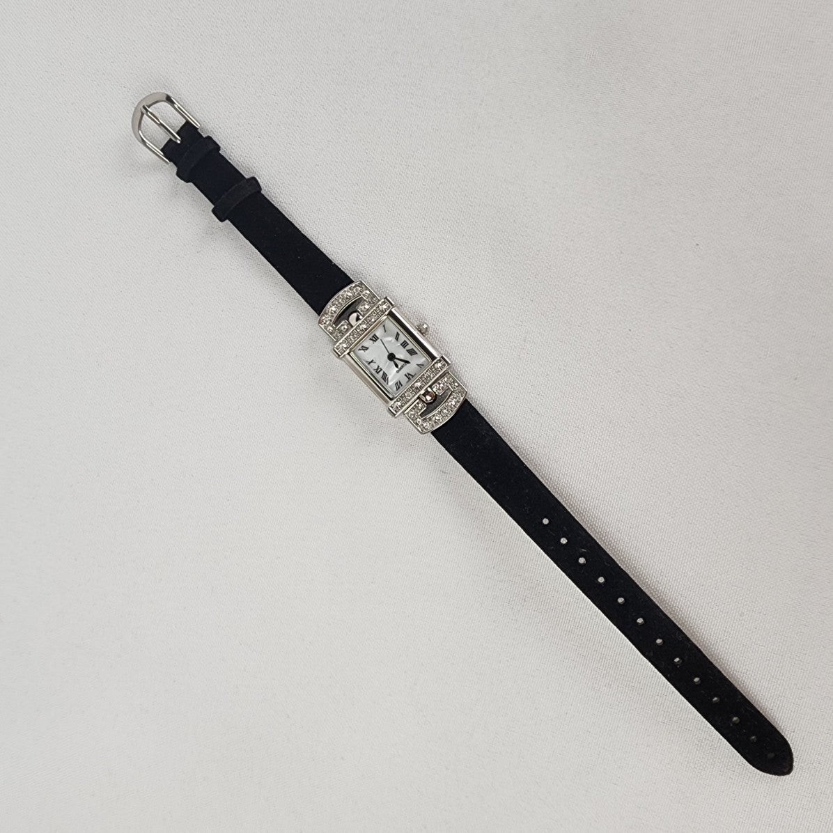 Quartz Silver & Rhinestone Black Band Watch