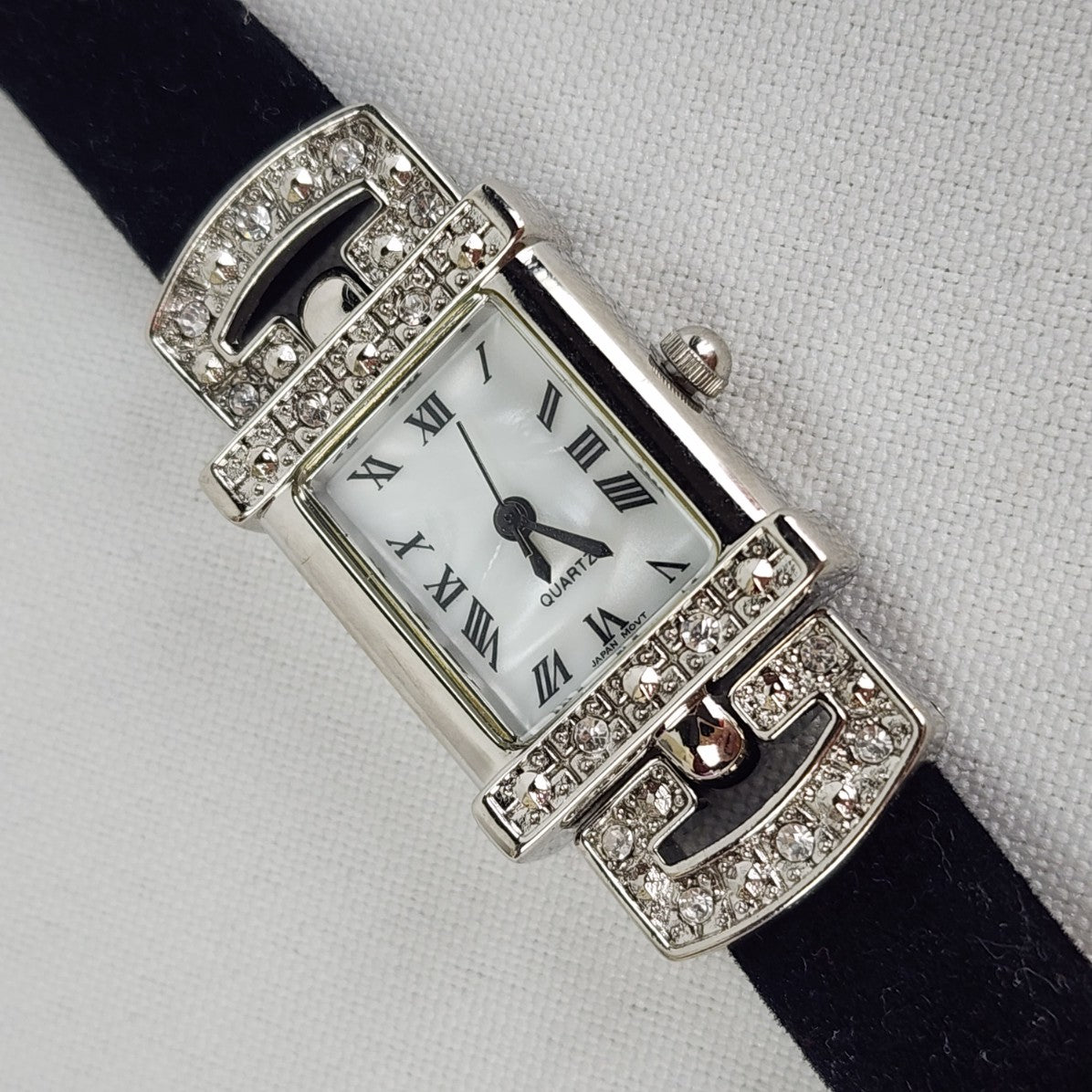 Quartz Silver & Rhinestone Black Band Watch
