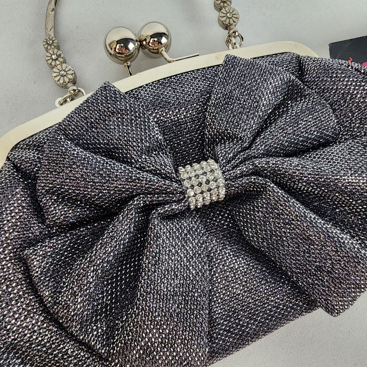 Silver Metallic Bow Rhinestone Clutch Purse