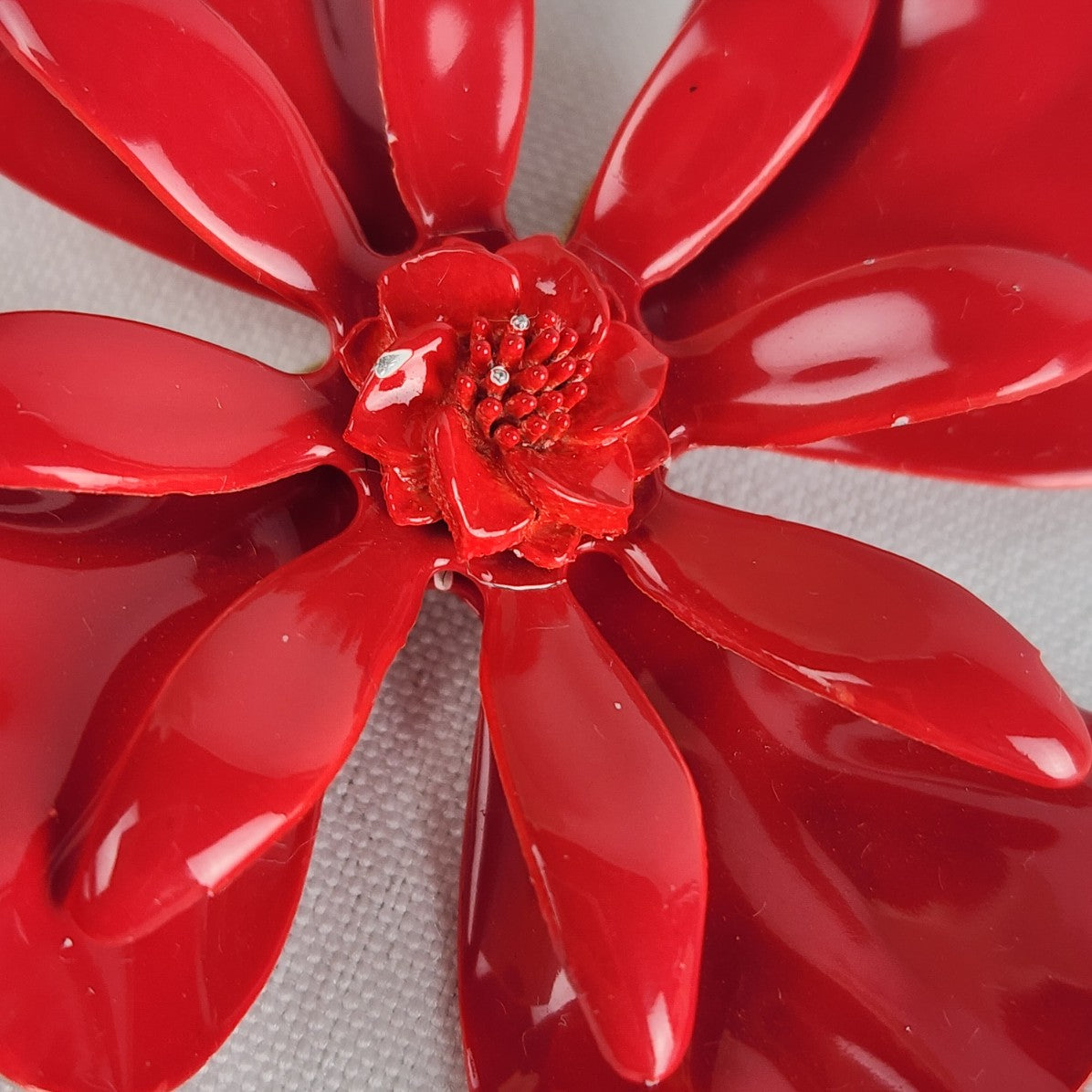 Vintage Red Enamel Flower Brooch