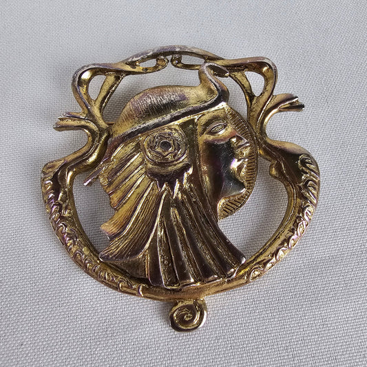 Vintage Egyptian Face Gold Tone Brooch