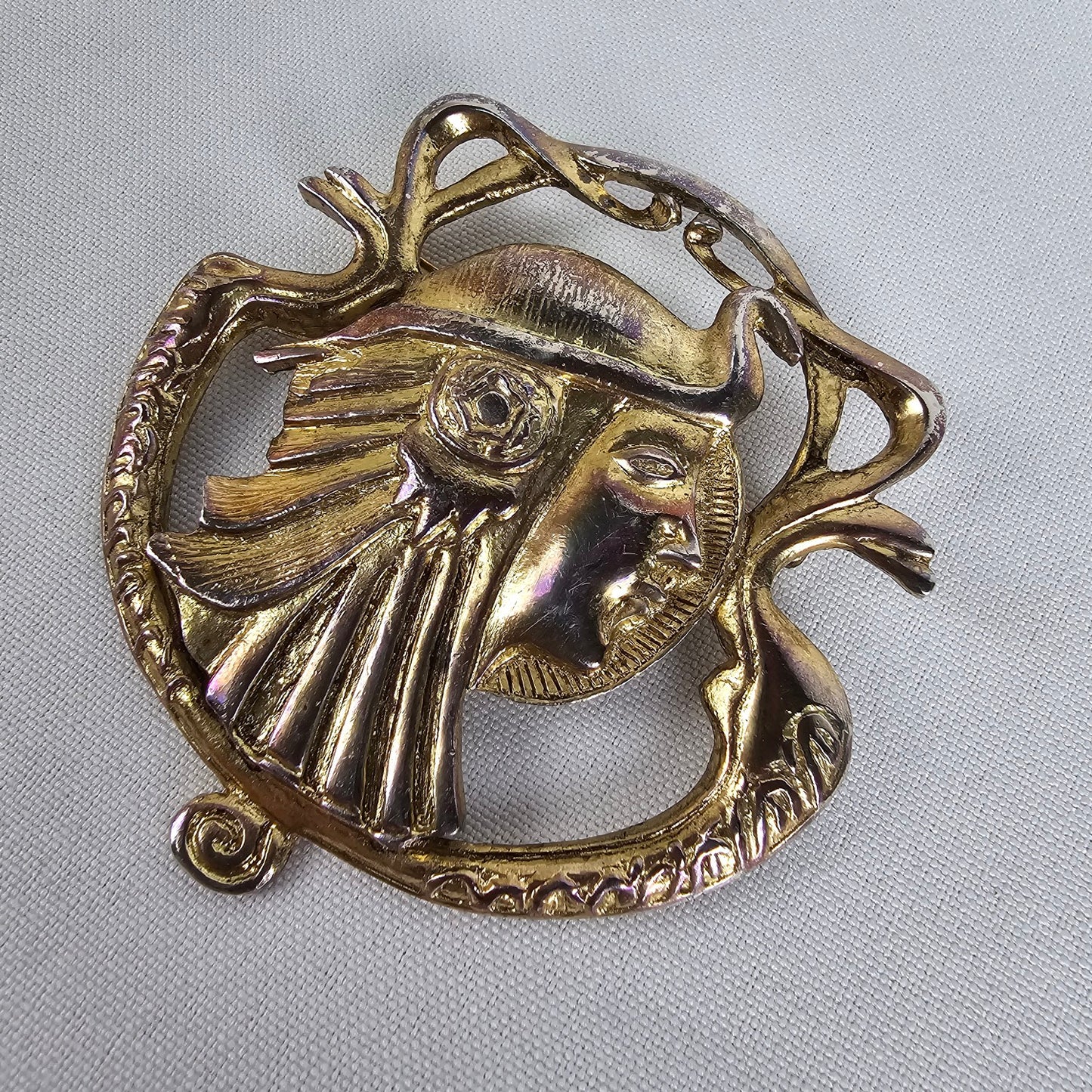 Vintage Egyptian Face Gold Tone Brooch