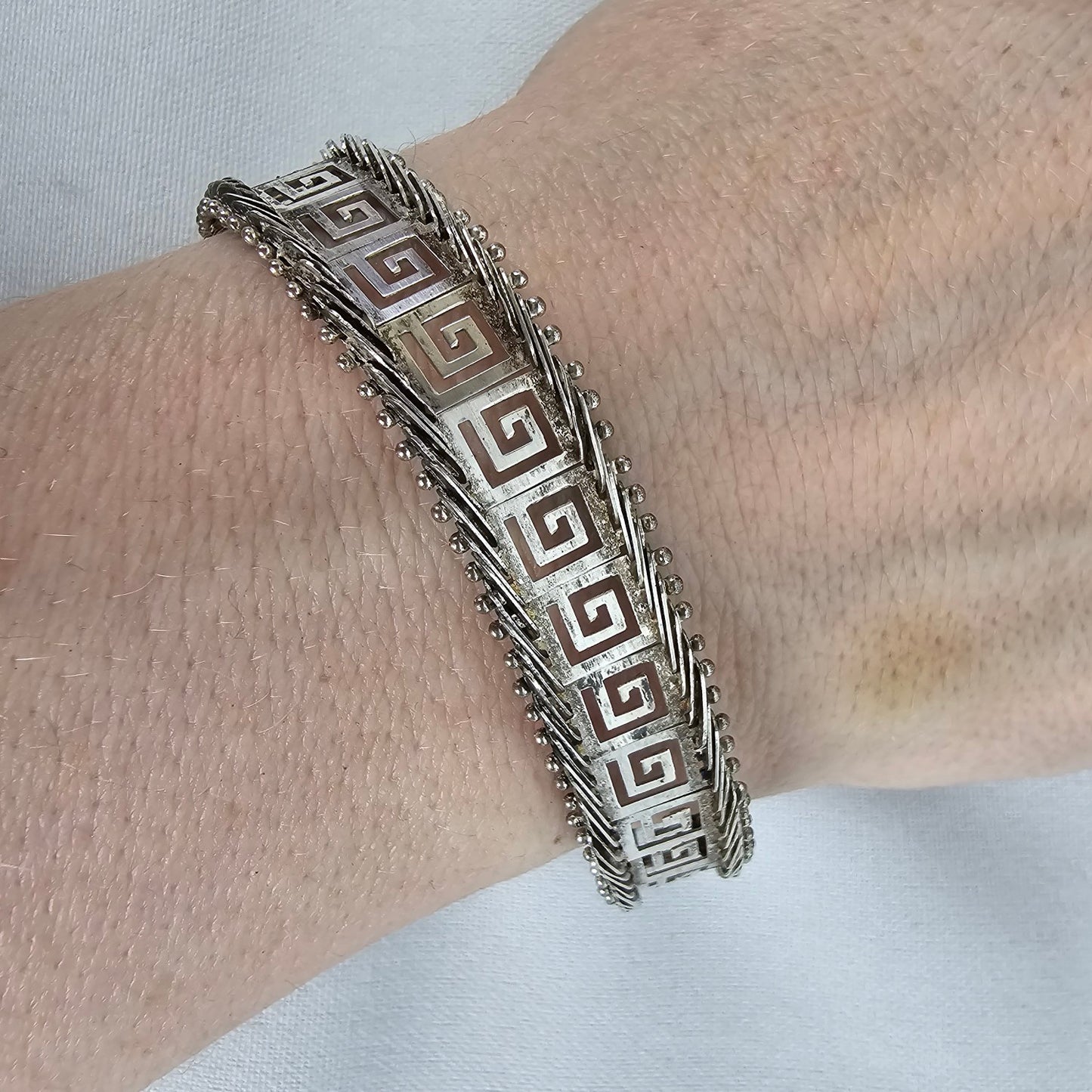 Vintage 925 Sterling Silver Maze Pattern Link Bracelet With Safety Chain