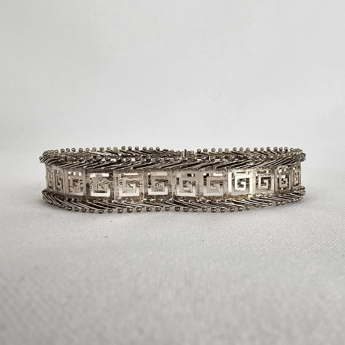 Vintage 925 Sterling Silver Maze Pattern Link Bracelet With Safety Chain