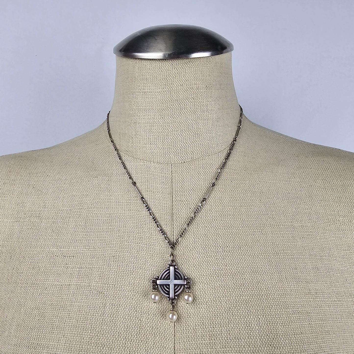 925 Sterling Silver & Pearl Drops Cross Necklace & Earring Set