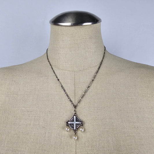 925 Sterling Silver & Pearl Drops Cross Necklace & Earring Set