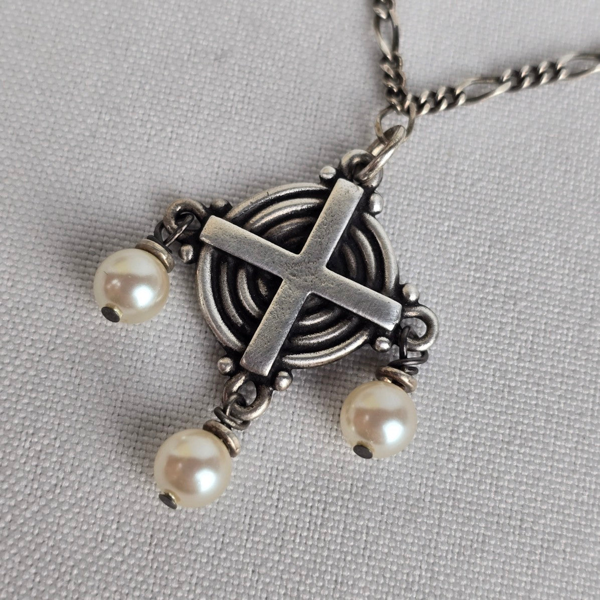 925 Sterling Silver & Pearl Drops Cross Necklace & Earring Set