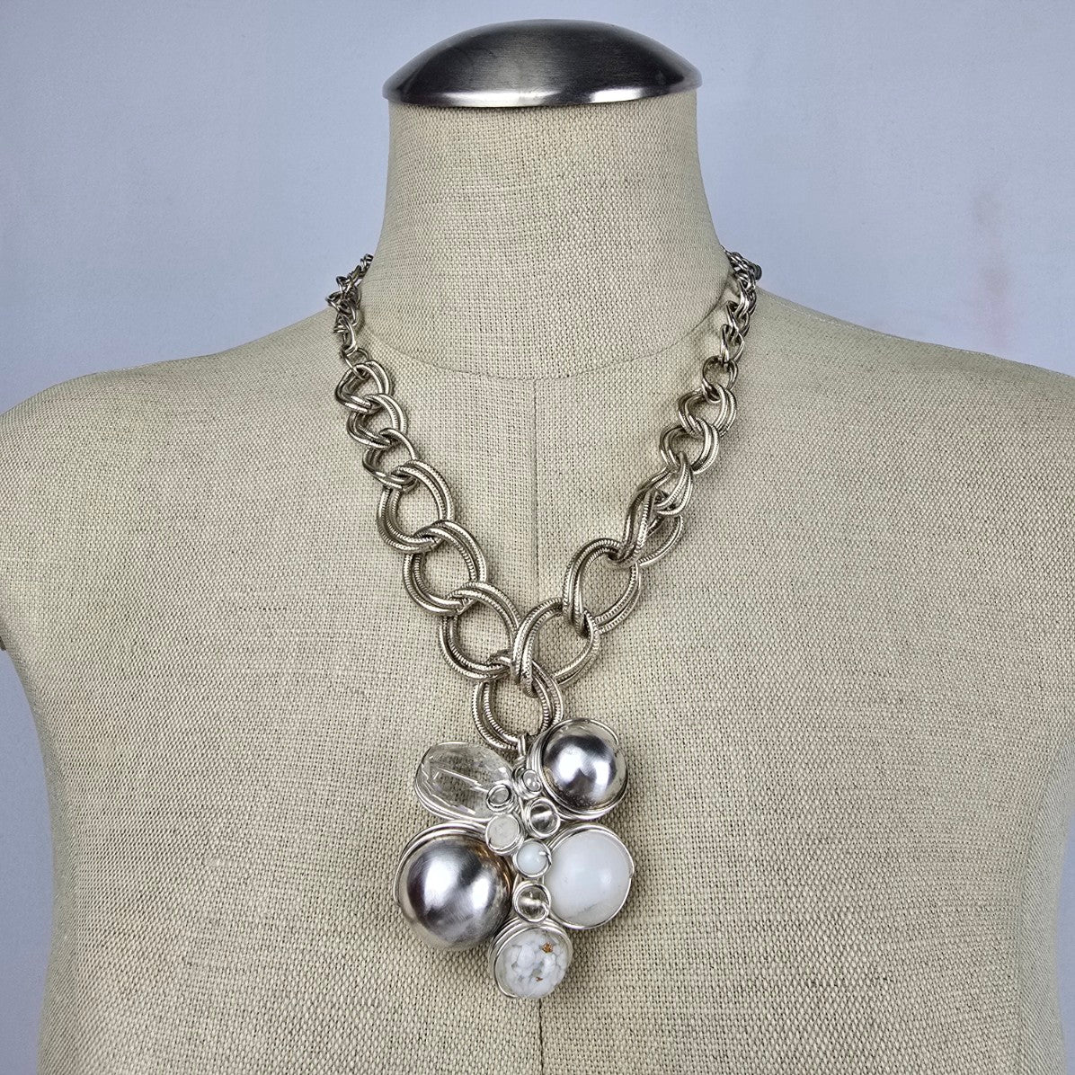 Sterling Glass Wire Beaded Statement Pendant Chain Necklace
