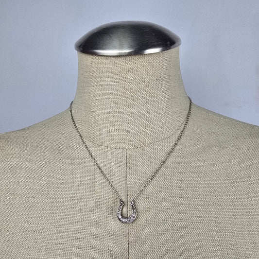 Avon Silver Tone Crystal Horse Shoe Pendant Chain Necklace