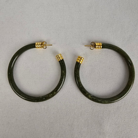 Vintage Green Marbled Gold Tone Oversize Hoop Earrings