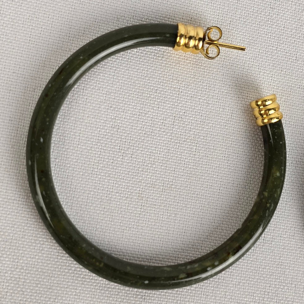 Vintage Green Marbled Gold Tone Oversize Hoop Earrings
