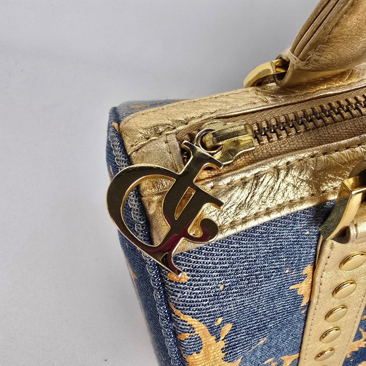 Junior Drake Metallic Gold Studded Leather Trimmed Blue Denim Purse