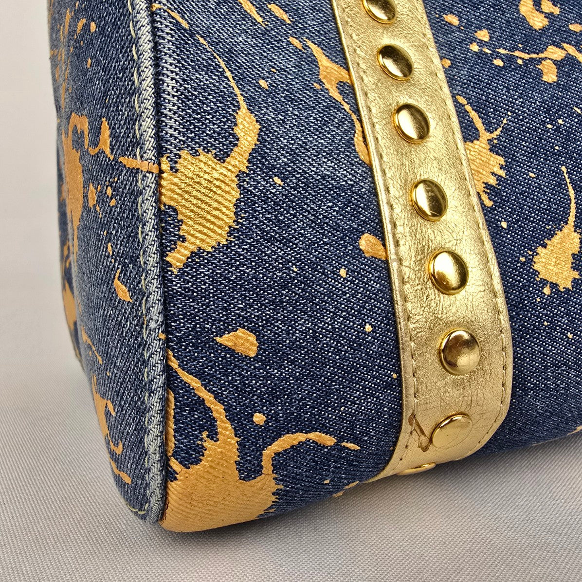 Junior Drake Metallic Gold Studded Leather Trimmed Blue Denim Purse