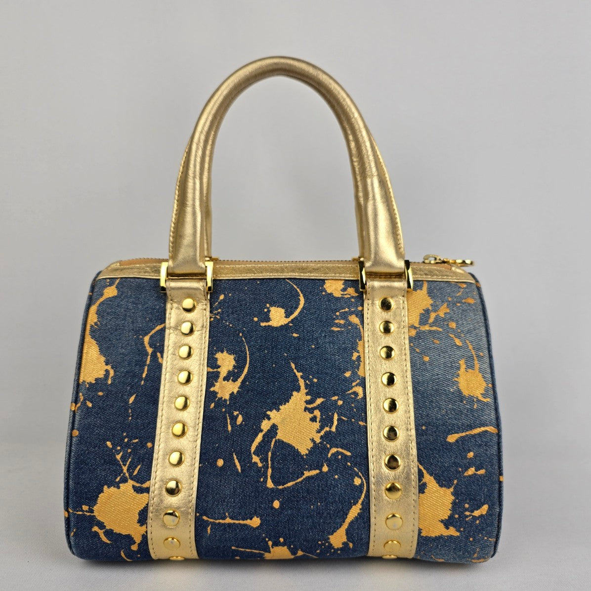 Junior Drake Metallic Gold Studded Leather Trimmed Blue Denim Purse