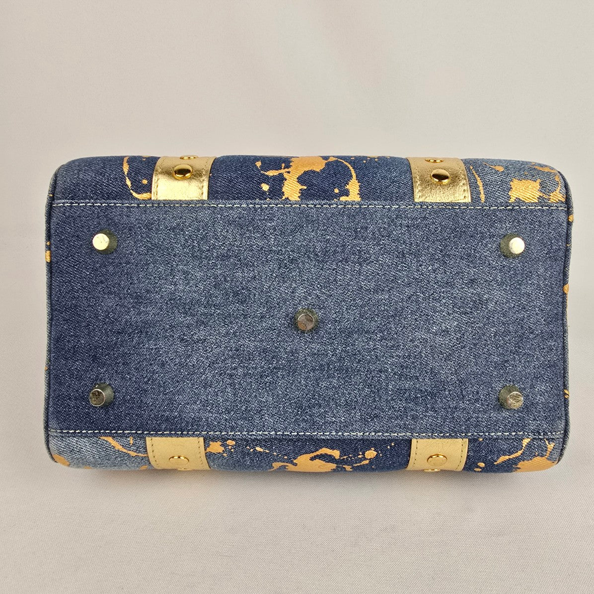 Junior Drake Metallic Gold Studded Leather Trimmed Blue Denim Purse