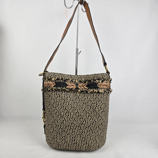 Eric Javits Fringe-Trim Raffia Leather Trim Purse Bag