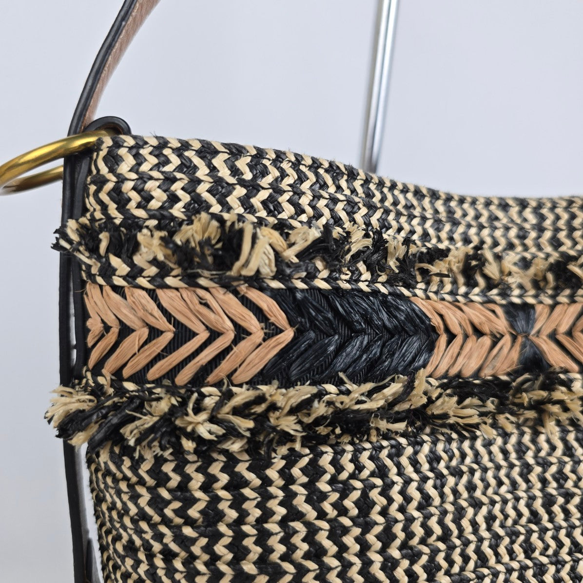 Eric Javits Fringe-Trim Raffia Leather Trim Purse Bag