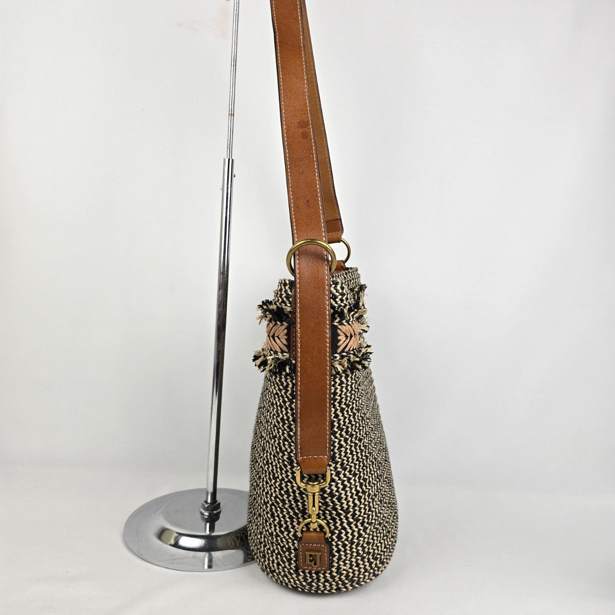 Eric Javits Fringe-Trim Raffia Leather Trim Purse Bag