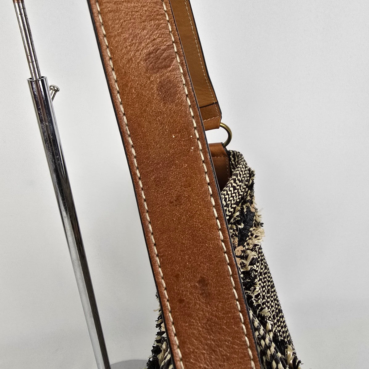 Eric Javits Fringe-Trim Raffia Leather Trim Purse Bag