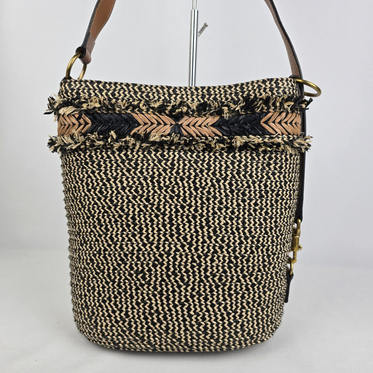 Eric Javits Fringe-Trim Raffia Leather Trim Purse Bag