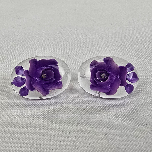 Vintage Purple Rose In Resin Stud Earrings