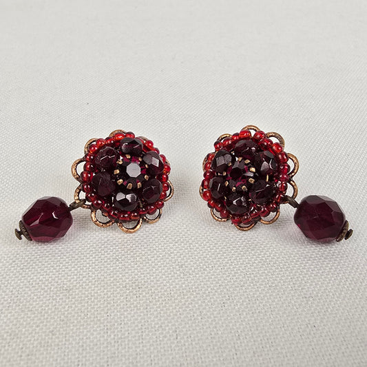 Vintage Red Beaded Flower Drop Earrings