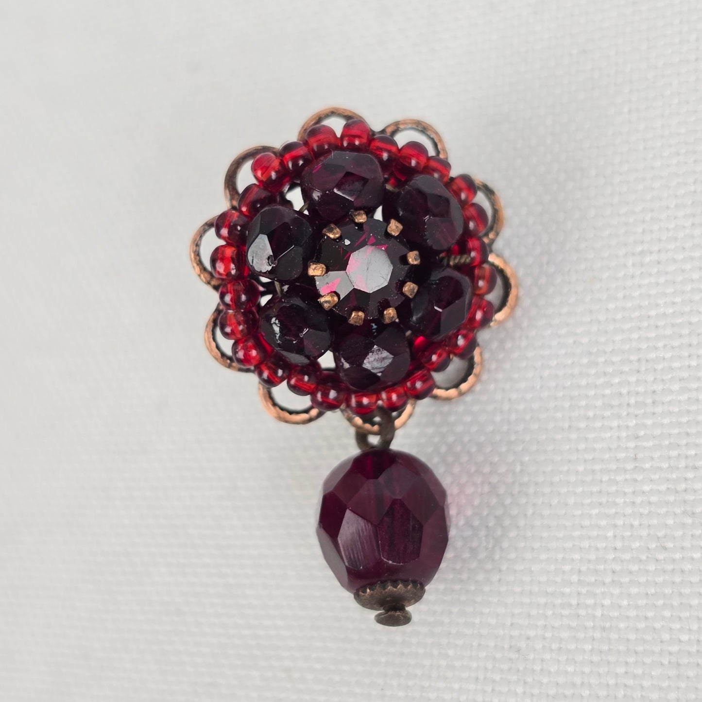 Vintage Red Beaded Flower Drop Earrings