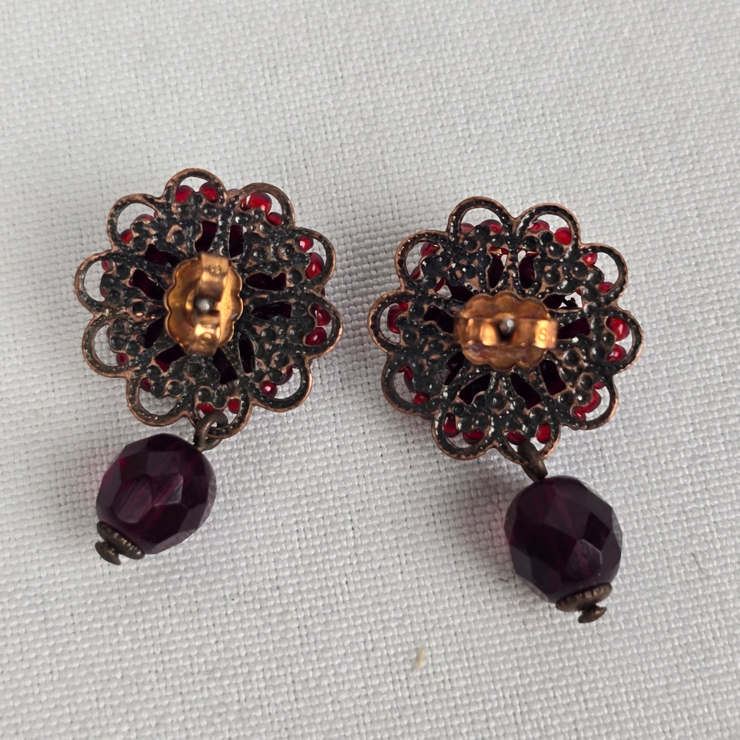 Vintage Red Beaded Flower Drop Earrings