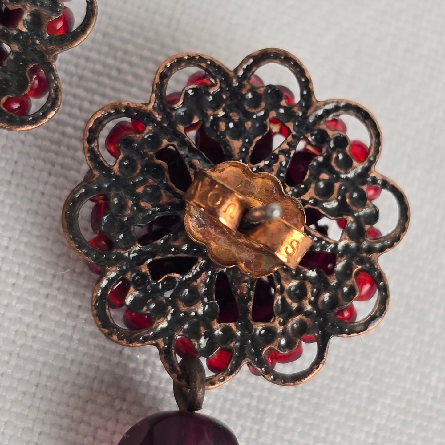 Vintage Red Beaded Flower Drop Earrings