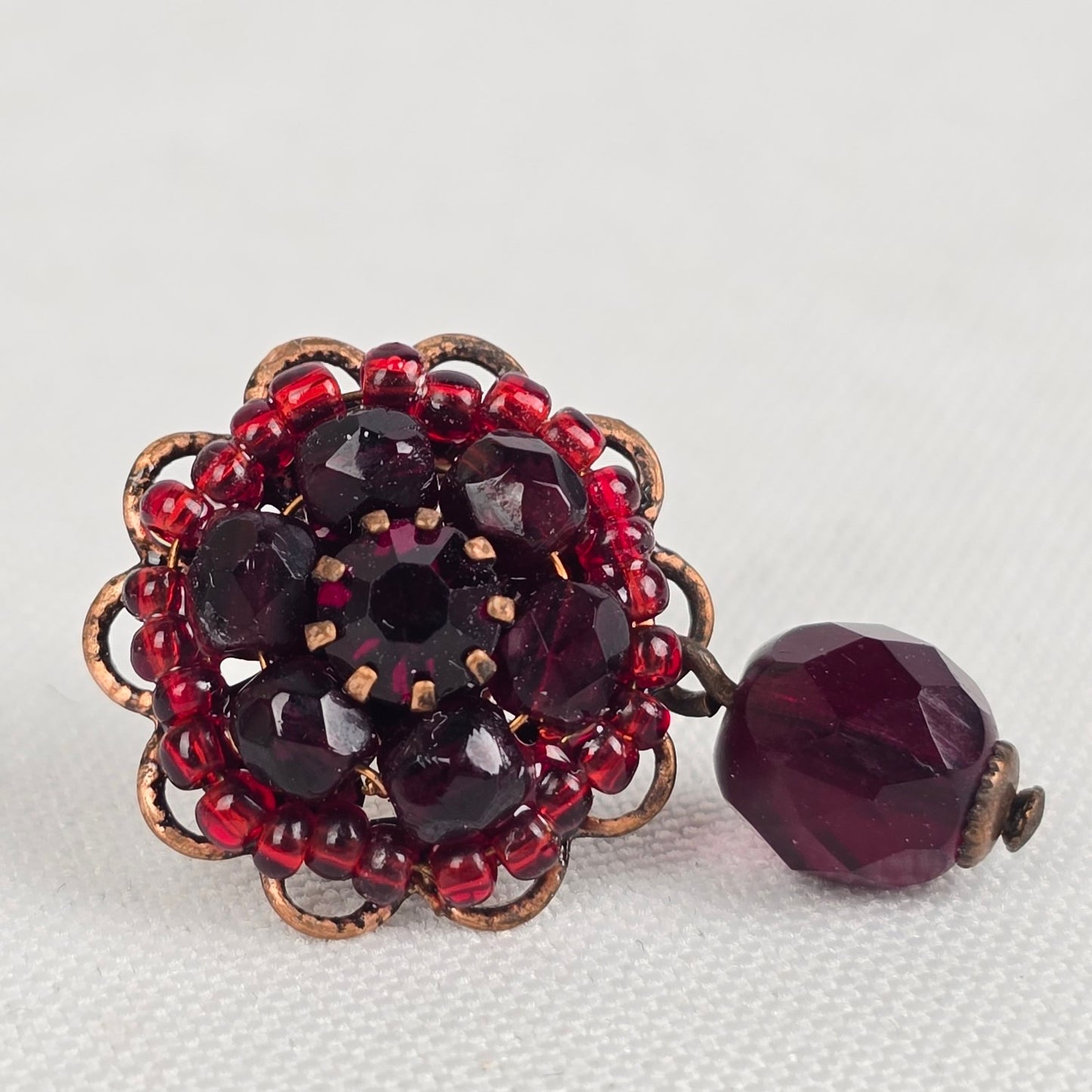 Vintage Red Beaded Flower Drop Earrings